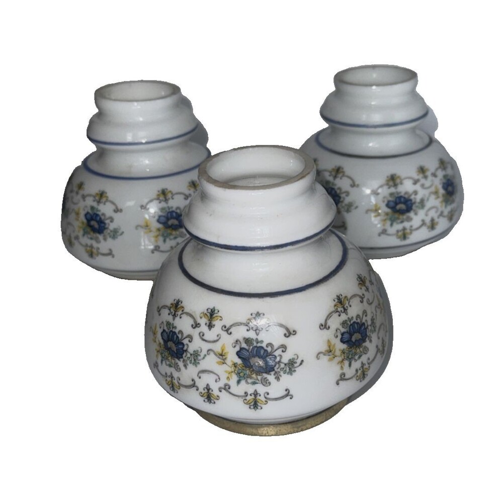 3 Hurricane Lamp Shade Abigail Adams Blue & Yellow Flowers On White Milk Glass
